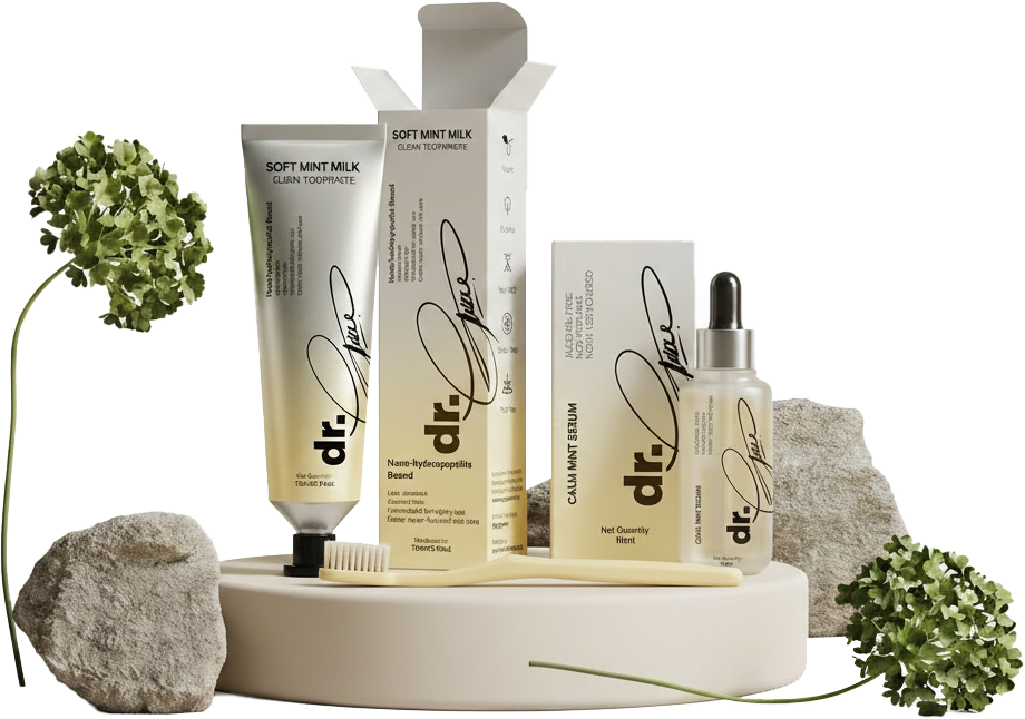 Soft Mint Milk toothpaste, brush, and Calm Mint Mouth Serum still life
